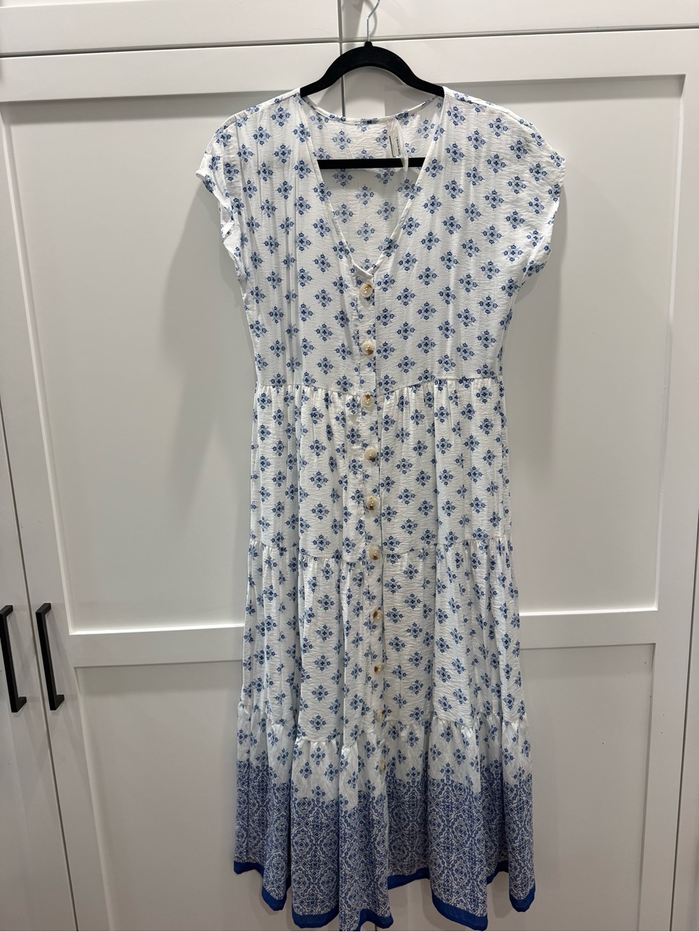 White and Blue Floral Button-Front Maxi Dress